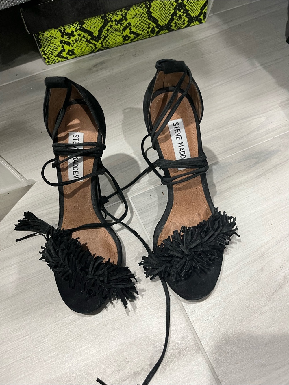 Steve Madden Black Fringe Lace-Up Heels new